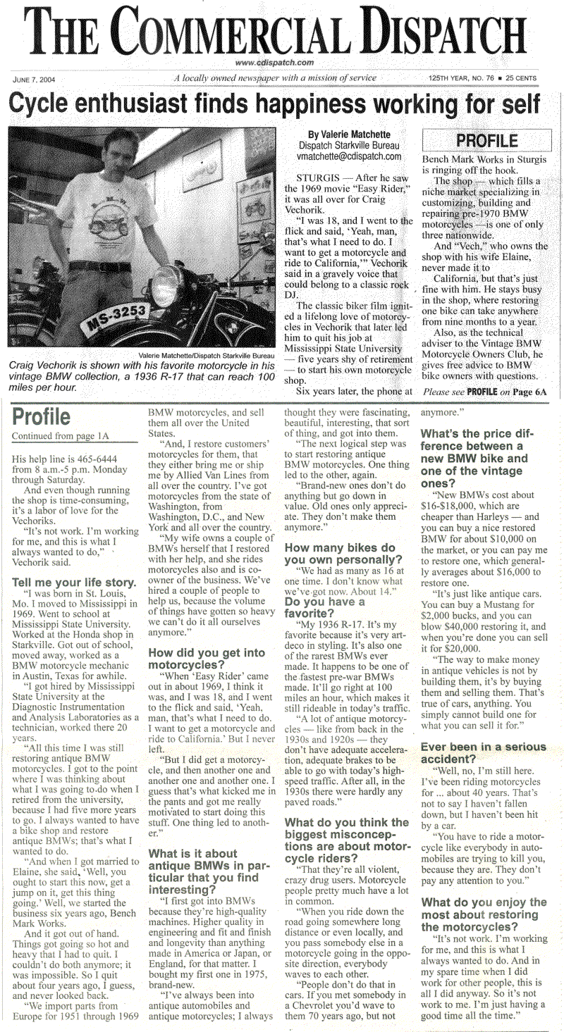 Craig Vechorik antique, vintage & classic BMW motorcycles newspaper article
